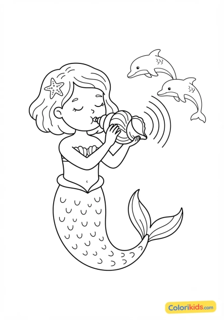 Coloriage à imprimer : jeune sirène soufflant dans une conque marine pour appeler les dauphins