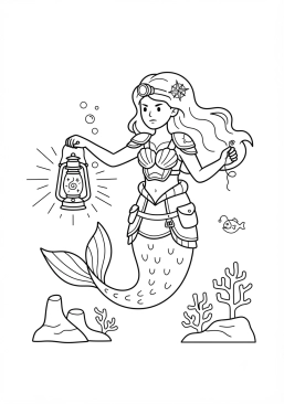 Voir le coloriage Sirène exploratrice tenant une lanterne magique au fond des abysses