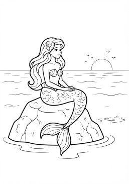 Voir le coloriage Sirène gracieuse assise sur un rocher face à l'océan infini
