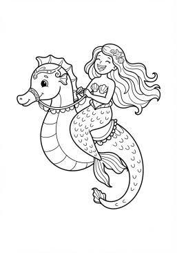 Voir le coloriage Sirène rieuse chevauchant un hippocampe géant et amical