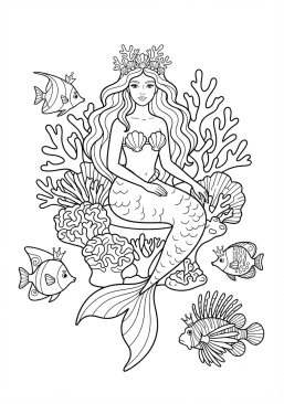 Voir le coloriage Sirène majestueuse sur un trône de corail entourée de poissons royaux