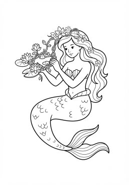 Voir le coloriage Sirène tressant une couronne de fleurs aquatiques et de nénuphars