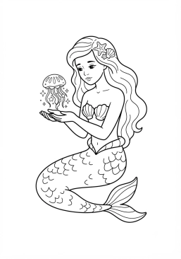 Voir le coloriage Sirène contemplant une méduse lumineuse dans ses mains ouvertes
