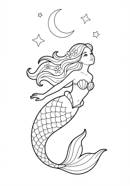 Voir le coloriage Sirène nageant avec grâce vers la surface pour admirer la lune