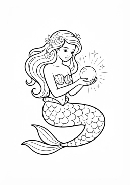 Voir le coloriage Sirène tenant une perle géante qui éclaire toute la scène
