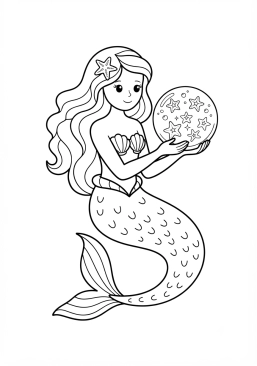 Voir le coloriage Sirène tenant une sphère de verre remplie d'étoiles de mer phosphorescentes