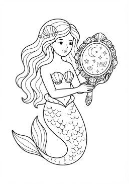 Voir le coloriage Sirène tenant un miroir ancien qui reflète un ciel étoilé