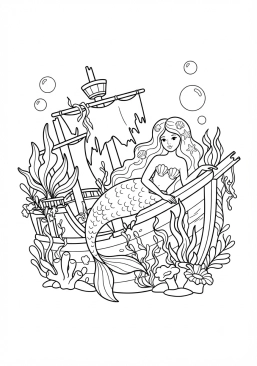 Voir le coloriage Sirène allongée sur une épave de galion recouverte de végétation marine