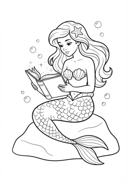 Voir le coloriage Sirène lisant un livre ancien dont les pages brillent sous l'eau