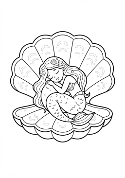 Voir le coloriage Sirène endormie au creux d'une immense coquille de Saint-Jacques nacrée