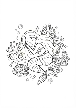 Voir le coloriage Sirène endormie paisiblement au milieu d'un jardin de coraux scintillants