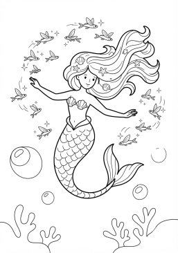 Voir le coloriage Sirène entourée de petits poissons volants lumineux au crépuscule sous-marin