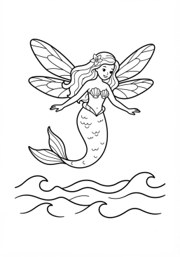 Voir le coloriage Sirène aux ailes de libellule aquatique planant au-dessus des vagues