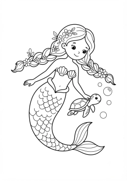 Voir le coloriage Sirène aux nattes fleuries accompagnée d'une petite tortue de mer