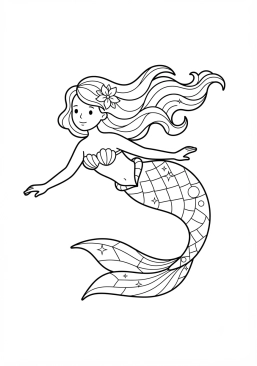 Voir le coloriage Sirène aux reflets holographiques dans ses nageoires déployées