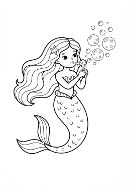 Voir le coloriage Sirène aux longs cheveux ondulés soufflant des bulles de savon magiques