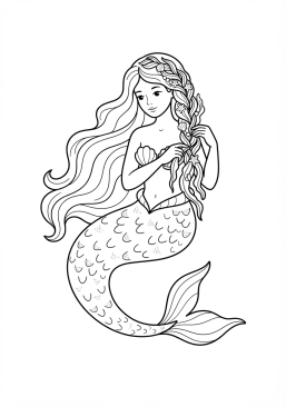 Voir le coloriage Sirène aux écailles nacrées tressant ses longs cheveux avec des algues