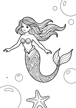 Voir le coloriage Sirène aux motifs tribaux nageant gracieusement dans l'eau profonde