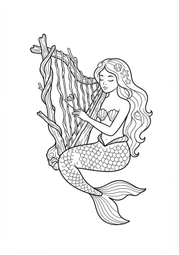 Voir le coloriage Sirène musicienne jouant d'une harpe faite de bois flotté et de cordes d'algues