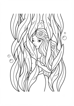Voir le coloriage Sirène mystérieuse cachée derrière un rideau d'algues géantes