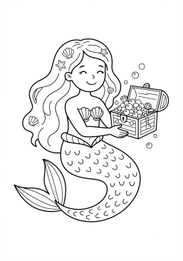 Voir le coloriage Sirène souriante tenant un coffre au trésor entrouvert gorgé de perles