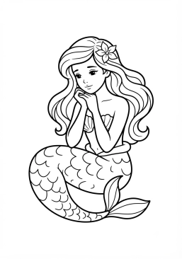 Voir le coloriage Sirène douce et pensive posant son menton sur ses mains jointes