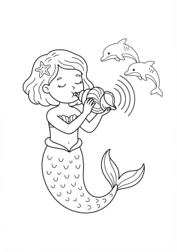 Voir le coloriage Jeune sirène soufflant dans une conque marine pour appeler les dauphins