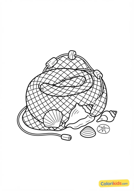Coloriage à imprimer : filet de pêche et coquillages