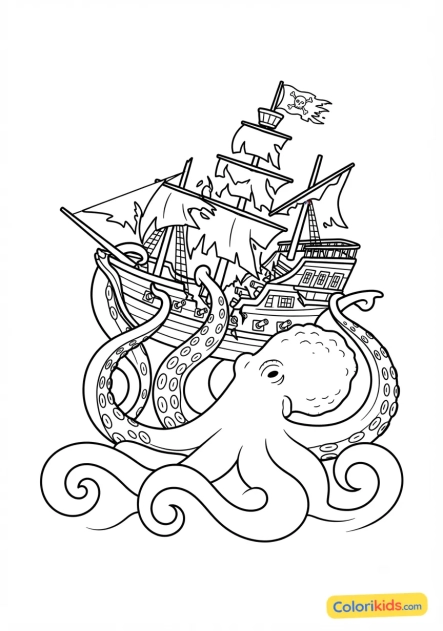 Coloriage à imprimer : kraken géant attaquant un navire