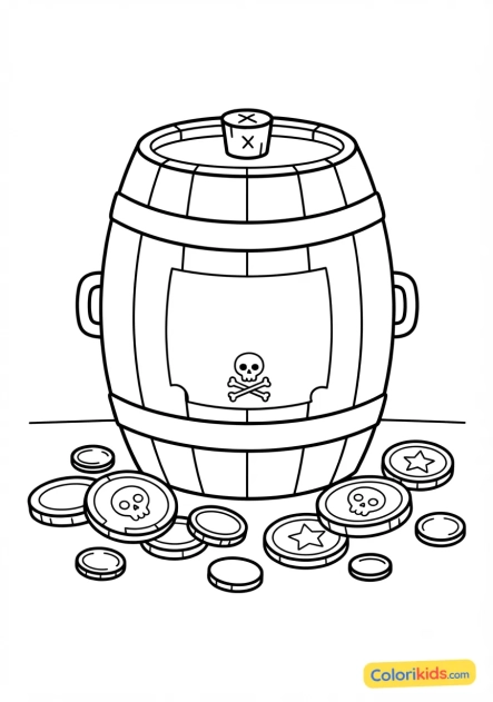 Coloriage à imprimer : gros tonneau de rhum et pièces