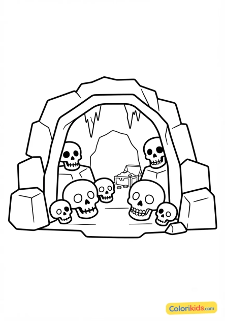 Coloriage à imprimer : grotte mystérieuse aux crânes