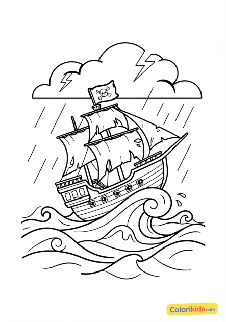 Coloriage à imprimer : navire pirate dans la tempête