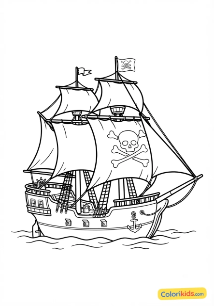 Coloriage à imprimer : bateau pirate toutes voiles dehors