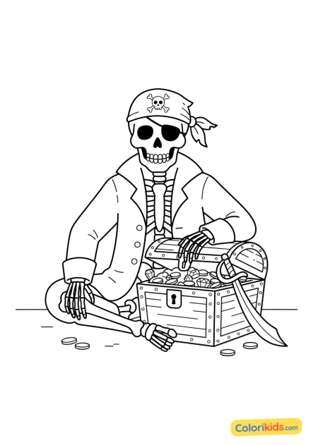 Coloriage à imprimer : squelette pirate gardant le trésor