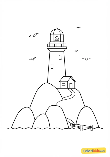 Coloriage à imprimer : phare rocheux sur une île
