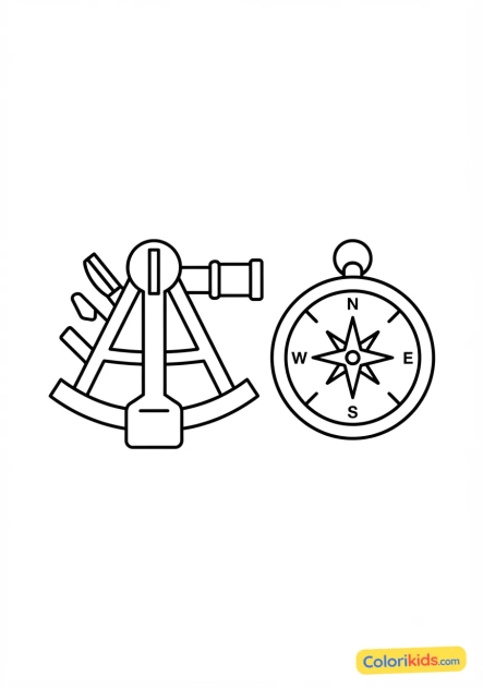 Coloriage à imprimer : sextant et boussole de marin