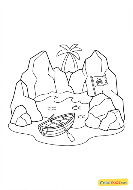 Coloriage à imprimer : crique secrète et barque