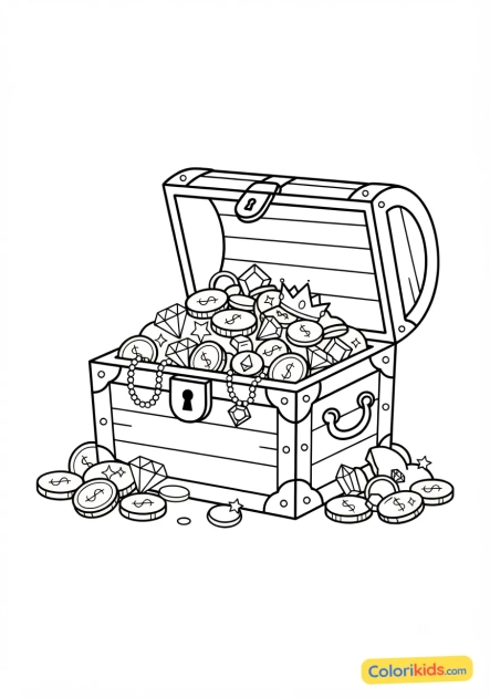 Coloriage à imprimer : coffre au trésor rempli d'or