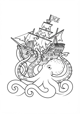 Coloriage Kraken géant attaquant un navire