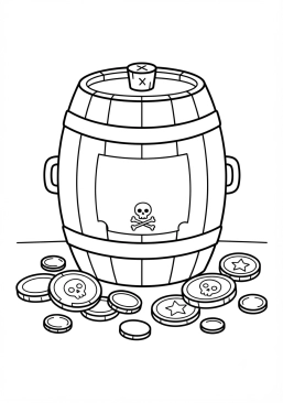Coloriage Gros tonneau de rhum et pièces