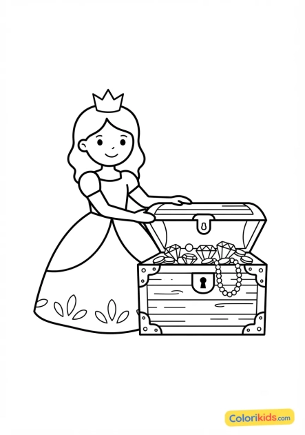 Coloriage à imprimer : princesse et coffre aux trésors ancien