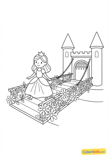 Coloriage à imprimer : princesse et pont-levis fleuri
