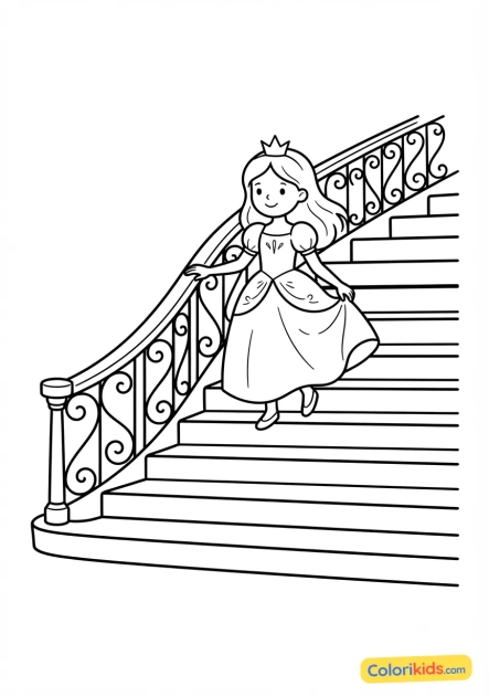Coloriage à imprimer : princesse et grand escalier de château