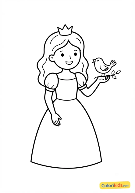 Coloriage à imprimer : princesse et son petit oiseau chanteur