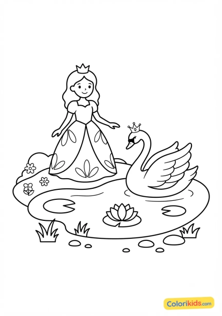 Coloriage à imprimer : princesse et cygne majestueux sur l'étang