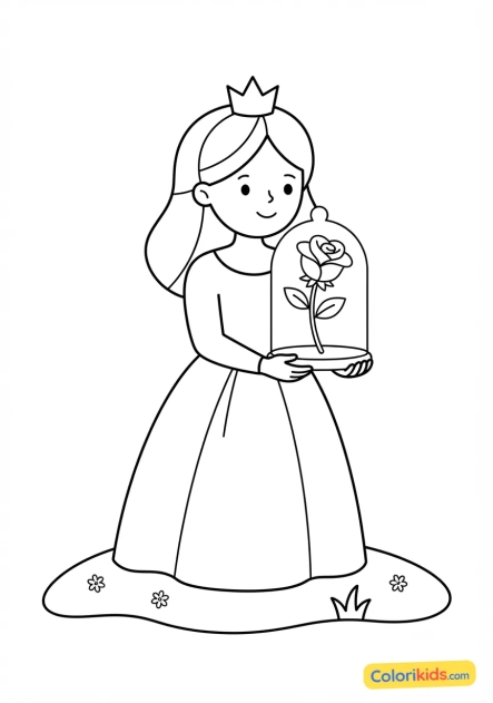 Coloriage à imprimer : princesse tenant une rose éternelle