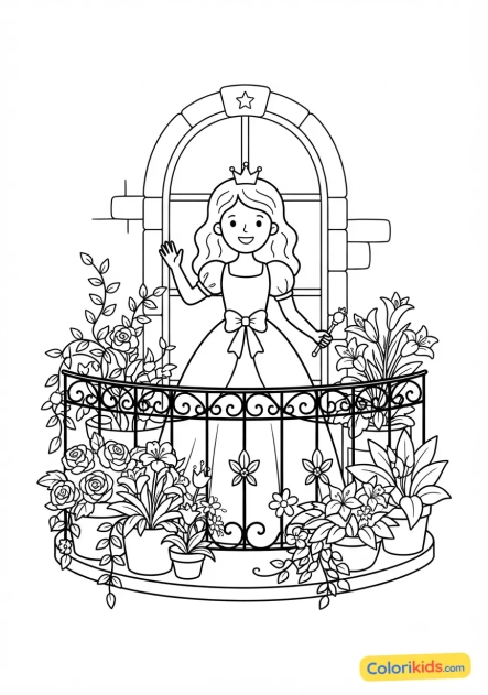 Coloriage à imprimer : princesse sur son balcon fleuri