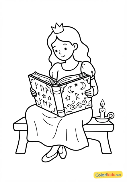 Coloriage à imprimer : princesse lisant un grimoire magique
