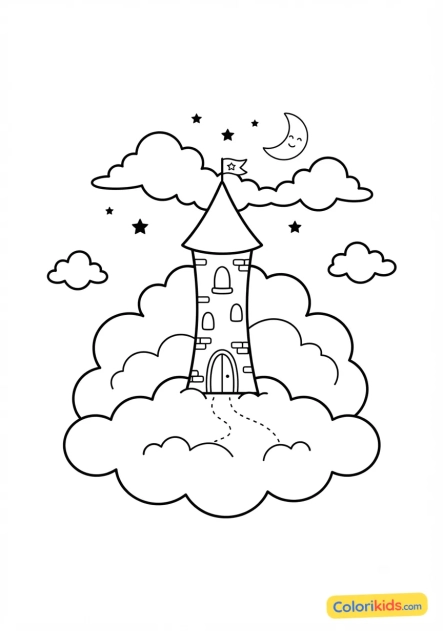 Coloriage à imprimer : tour de princesse cachée dans les nuages