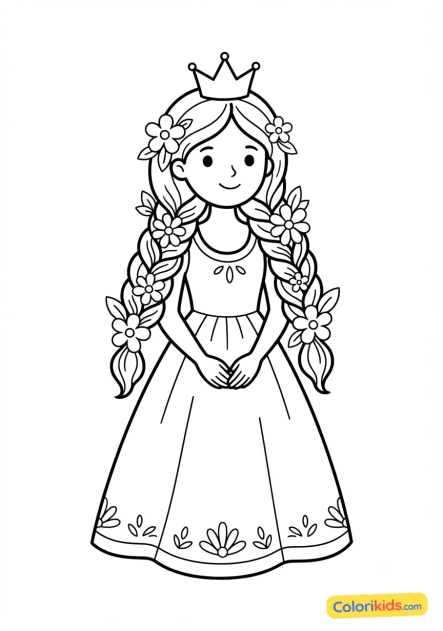 Coloriage à imprimer : princesse avec des tresses fleuries